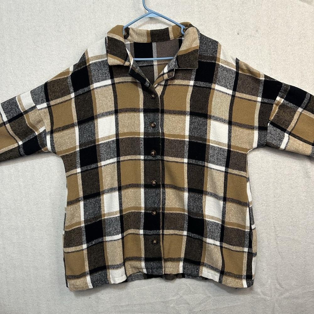 Oversized Black & Brown Plaid Lightweight Shirt Jacket Side Pockets Button Up 2X